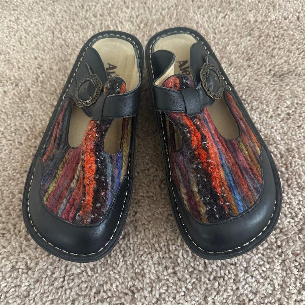 Alegria Mary Jane Clogs Women 37 Black Multicolor Leather Knit Mules ALG-943